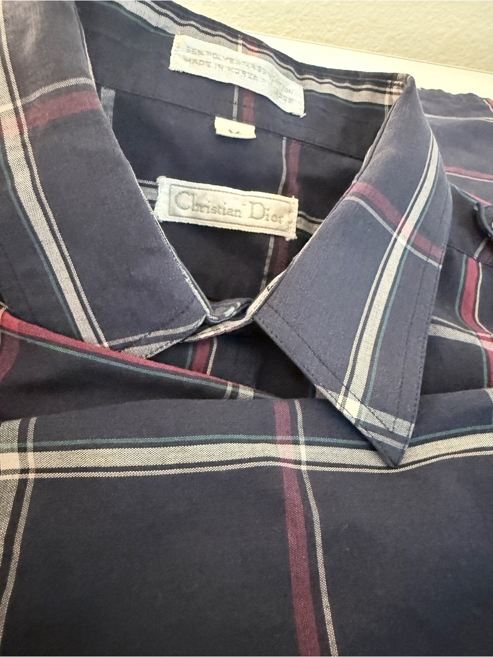 Vintage Christian Dior Plaid Epaulet Button Down Shirt Navy Men’s M - Picture 2 of 9